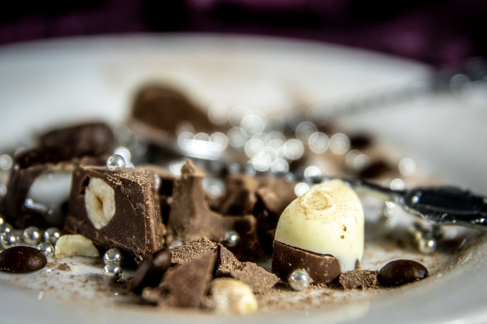 Artistic close-up of gourmet chocolate pieces and decorations on a plate.