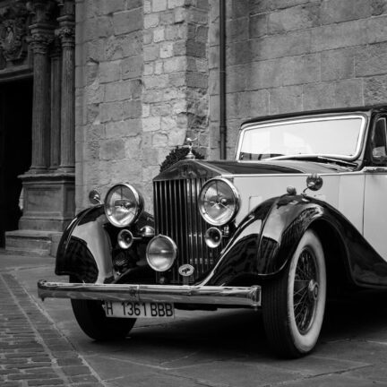grayscale photography of car